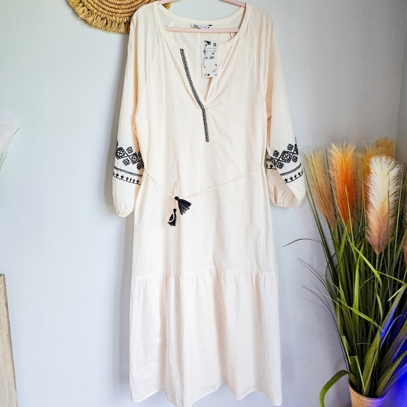 Zara New Ivory Black Embroidered Beaded Tassel Tie Flounce Maxi Dress SZ XXL - Picture 15 of 15